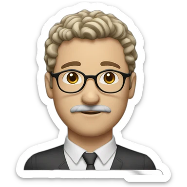 white man with short curly dark brown hair, blue eyes, round eyeglasses and a brown mustache sticker