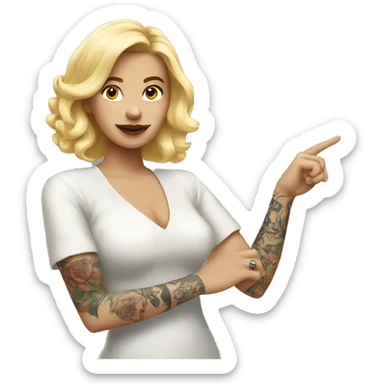 Blonde Elegant women with tattoos on the body everywhere, and her hand pointing forward  sticker