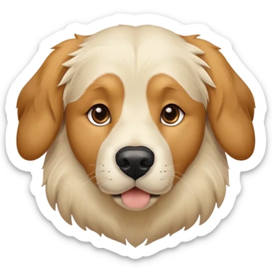 This is a big, dog with a white and brown face thats fur texture is like a golden retriever who got way too close to the camera, white face and brown ears with black around his eyes  sticker