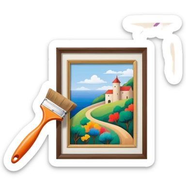 Create an icon that represents the hobby of wall painting, featuring a wall with a beautiful painting in progress. The design should include a paintbrush, a roller, and part of the wall decorated with colorful patterns or a mural. The icon should show the process of creating the artwork, with the brush strokes visible on the wall, symbolizing the artistic nature of the craft. The composition should be balanced and harmonious, evoking creativity and skill. The background should be transparent. sticker