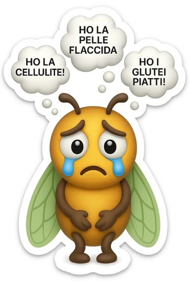 EMOJI STILE IPHONE 3D DI una cicala triste che si tocca le cosce e piange perché non le piace il suo fisico, posa frontale, fagli anche la parte bianca degli occhi, non solo la pupilla, sulla testa della cicala aleggiano i pensieri "HO LA PELLE FLACCIDA", "HO LA CELLULITE!", "HO I GLUTEI PIATTI!" sticker