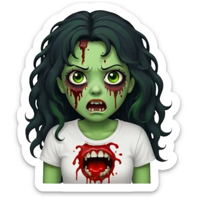 a zombie with long curly black hair volumoso, brown eyes, a white t-shirt and a splash of blood on her t-shirt, mouth open like a zombie, green skin color, not much expression, no drawing on shirt, no hands showing, less blood on her face, less blood, black hair and black eyes sticker