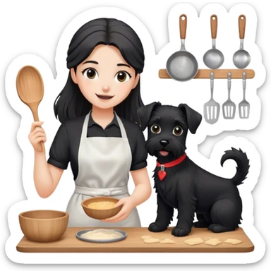 pale smiling girl baking with long back hair wearing black long shirt wearing apron holding black  schnauzer sticker