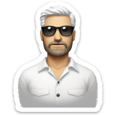 Homme blanc avec crane rasé, petite barbe, chemise blanche, lunette de soleil grise prada  sticker