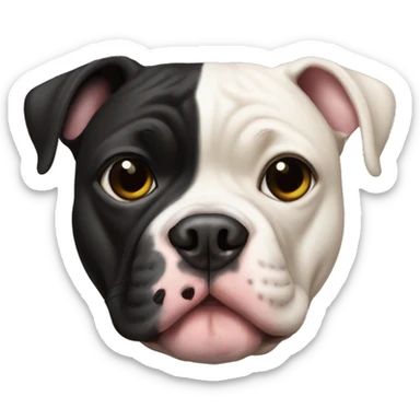 Black and white pitbull with one eye and a pug sticker
