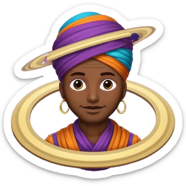 A bold emoji-style illustration with Saturn 🪐 as the dominant element, clearly showing its bright rings. Inside the planet, a stylized man wearing a colorful turban 👳🏾‍♂️, depicted as a mystical or adventurous character, sitting or floating within Saturn, integrated with the planet’s texture. sticker