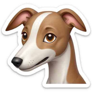 Cinematic Cute White and Brown Greyhound Portrait Emoji, Head tilted playfully and inquisitively, featuring a smooth white Fur with vibrant brown accents and round, sparkling eyes filled with curiosity, Simplified yet irresistibly adorable features, highly detailed, glowing with a warm, friendly glow, high shine, affectionate and nimble, stylized with a touch of whimsy, bright and endearing, soft glowing outline, capturing the essence of a mischievous yet loving racer, so playful it feels like it could sprint out of the screen and into your arms! sticker