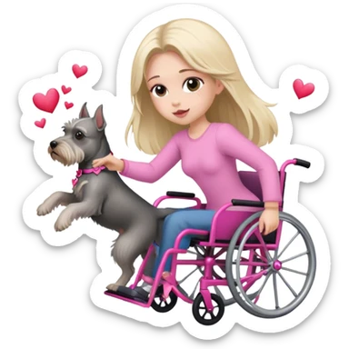Pink wheelchair with girl and long blond hair throwing hearts with  mini schnauzer following  sticker