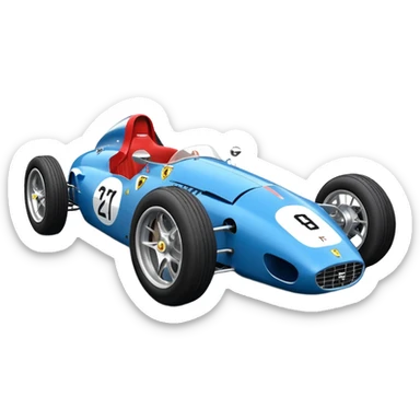  Hazy-blue Fenderless extended-wheelbase 2026 luxury racing Ferrari lowered powerful V-8 engined racing cycle car featuring advanced rugged 4 wheel independent suspension, power steering, disc brakes, small leather covered steering wheel, side mounted cowl exhaust  sticker