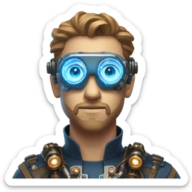 Male cyborg head with light brown hair, light brown beard, blue glowing steampunk goggles, circuits, wires  sticker