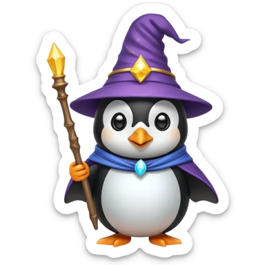 penguin dressed as a wizard with a pointy hat and a magic wand, fun emoji style sticker