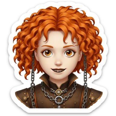 steam punk Megadeth - corpse made of rusty metal with chains on its teeth, huge curly orange hair sticker