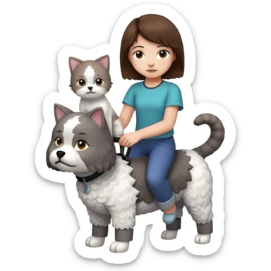 A grey cat standing on the back of a white bichon frisør dog, with a girl with short brown hair sitting beside playing Minecraft sticker