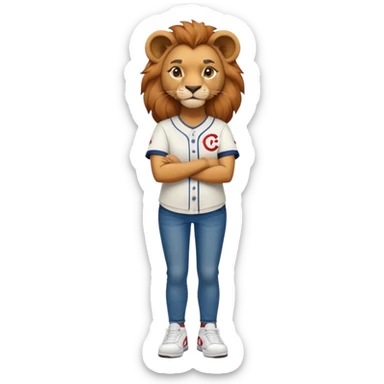 confident anthropomorphised female lion wearing a baseball shirt, jeans, trainers, standing with arms crossed, dominant pose sticker