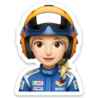 Je souhaiterai un emoji d'une femme, pilote de rallye WRC qui porte un casque et une combinaison aux couleurs de la marque LU sticker