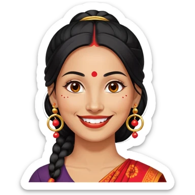 Phụ nữ 35 tuổi, da vàng, tóc buộc dài màu đen, có chấm đỏ bindi trên trán, mặt cười tươi, đeo khuyên tai tròn to bằng vàng, nửa thân trên sticker