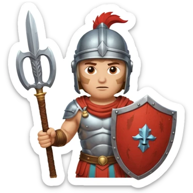 An emoji of the Roman god Mars. He is a warrior with a helmet and armor, holding a sword and shield, with a fierce expression. sticker