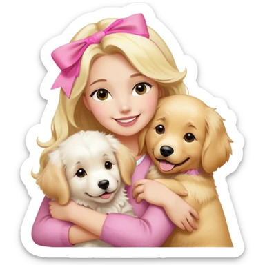 One very white, great Pyrenees, and one very golden golden retriever, with a pretty blonde lady, smiling with pink bows in her hair, hugging them sticker