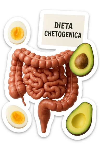 intestino umano anatomico con uova sode e avocado che gli fluttuano intorno insieme ad un foglio con la scritta "DIETA CHETOGENICA" CHE FLUTTUA IN ARIA sticker