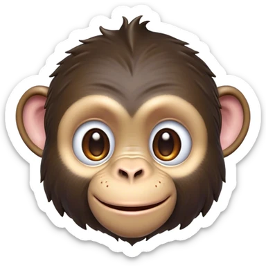 Cinematic Cute Chimpanzee Portrait Emoji, Head tilted playfully and inquisitively, with a smooth, expressive face accented by softly ruffled fur and round, sparkling eyes full of mischief, Simplified yet irresistibly adorable features, highly detailed, glowing with a warm, friendly glow, high shine, affectionate and lively, stylized with a touch of whimsical charm, soft glowing outline, capturing the essence of a mischievous yet loving chimpanzee that feels like it could leap out of the screen into your arms! sticker
