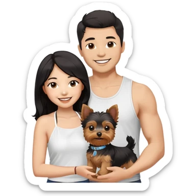 A pretty Asian girl with long, luscious wavy black hair (loose, no hair tie), wearing a white sleeveless halter top, standing beside a light-brown skinned man with a Two Block 6/4 haircut. They are both smiling and holding a small Yorkshire Terrier together sticker