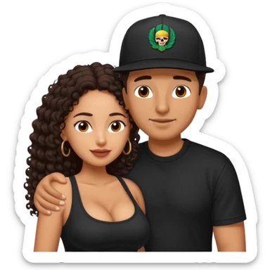 A picture of an embracing tanned couple. the man is a Mexican man with tanned skin, with a bald hair cut wearing a SnapBack hat and a black shirt. the woman has curly longer dark brown hair, thick and with big boobs   sticker