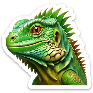 Cinematic Realistic Noble Iguana Portrait Emoji, Poised and commanding, with a robust, elongated body covered in intricately detailed, rough scales in vibrant shades of green with earthy brown accents, and a sharply defined head with piercing amber eyes, rendered with lifelike texture and natural light that accentuates every scale, high shine, intelligent and formidable, styled with an air of tropical authority, focused and attentive, soft glowing outline, capturing the essence of a watchful and confident iguana that appears ready to bask in the sun with effortless grace! sticker