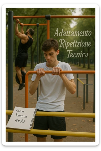 Giovane atleta principiante, fisico asciutto ma non muscoloso, si allena in uno street park con sbarra e parallele. Sta eseguendo serie lunghe di trazioni a corpo libero, concentrato sulla tecnica e sul controllo. Vicino a lui si vede un block notes con scritto a penna 'Focus: Volume, 4x10', mentre in lontananza un altro atleta molto più grosso fa una singola ripetizione con zavorra pesante. Il neofita guarda il suo diario, non gli altri. L’ambiente è sereno, luce naturale, atmosfera di crescita e disciplina. Sullo sfondo si intravedono i concetti scritti in aria con stile metaforico: 'Adattamento', 'Ripetizione', 'Tecnica', fluttuanti accanto a lui sticker