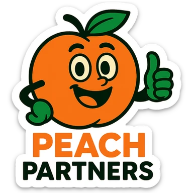 friendly peach mascot for 'Peach Partners' logo, vibrant colors, cheerful expression, peach giving a thumbs up sticker