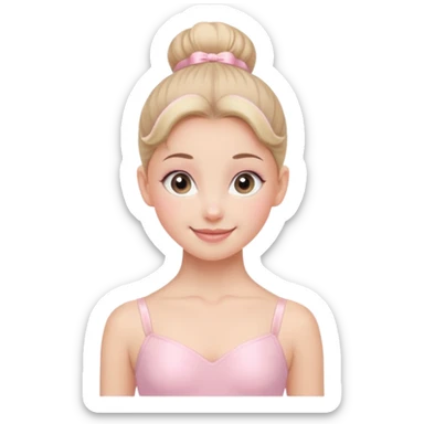 Pink Suit – Cheerful
 Smiling ballerina in pastel pink leotard, tidy high bun, bright happy eyes.















































 sticker