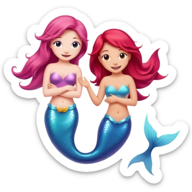 Cute iOS-style emoji of a pastel pink dolphin and a red-haired mermaid, smiling at each other. 
Simple vector emoji design, bold outlines, soft gradients, glossy look, centered, white background. sticker