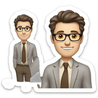 Pale skinned fit man with dark brown hair in gray jacket, beige office shirt, brown tie, brown pants and vintage glasses Writing on the flipchart sticker