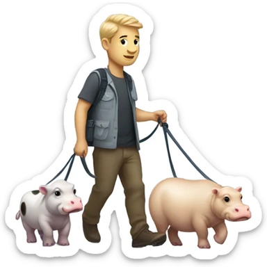 Man walking a bunch of moo dangs the Pygmy hippo by leash sticker