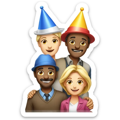 European company of 4 people (mom dad and 2 kids) celebrate birthday in birthday hats sticker