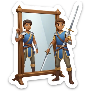 A person standing in front of a mirror, looking at their own reflection, while a sword lies on the ground beside them. The mirror represents self-awareness and acceptance, while the sword symbolizes letting go of the fight against happiness. sticker