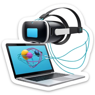 VR headset, wire connected to laptop, laptop screen showing VR/AR modeling software, floating 3D models or virtual objects, modern, tech-inspired colors, no emojis or smiley faces, transparent background. sticker