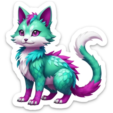 Kawaii colorful iridescent green-turquoise and magenta and white beautiful pretty elegant divine edgy fantasy feline-vernid-sergal-Fakémon-Pokémon-fursona-animal-creature with accessories, full body, with intricate detailed markings sticker