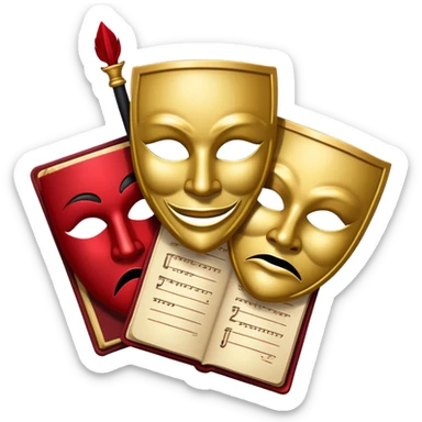 Create a bold and dramatic emoji representing the art of playwriting. The design should feature an open script or a theater playbook, with stylized text lines or dramatic dialogue inside. Include elements like a theatrical comedy and tragedy masks, a stage spotlight, or a writting quill to symbolize creativity and performance. Use deep, contrasting colors like red, black, and gold to evoke the intensity and passion of drama. The overall design should feel dramatic, inspiring, and artistic. Make the background transparent. sticker