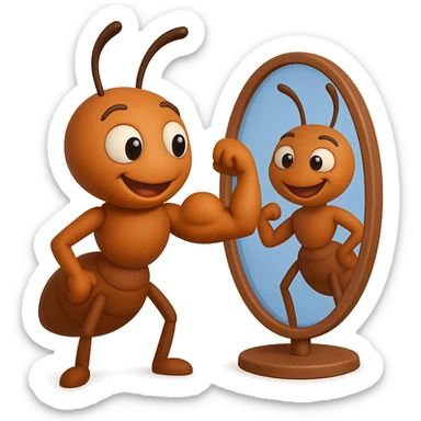 EMOJI STILE IPHONE 3D DI una formica che si guarda allo specchio felice e sicura di sè mentre contrae il suo bicipite muscoloso, fagli anche la parte bianca degli OCCHI, non solo la pupilla sticker