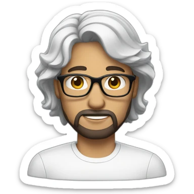 A man with  black long hair, wearing glasses, white in color, and a short beard sticker