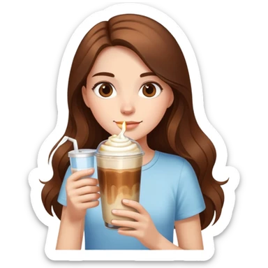 girl with long brown hair has ice latte coffee in glasse cup sticker
