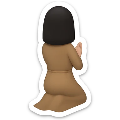 Edit the image to show a woman kneeling and praying from the back view, wearing a long tan dress and having dark brown hair. The style should resemble emoji style. Remove the background completely. sticker