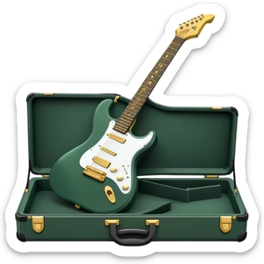 minimalist electric guitar in dark green, closed inside a black rectangular hard case with gold latches, soft matte textures, simplified details sticker