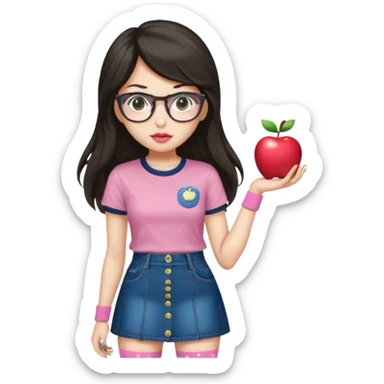 Light skin but a little white , monolid eyes,  dark brown long (not too long but not too short) hair, a button nose, fuller lips, blush (Light) PiNk liptint not too pink, wearing  bayonetta glasses (red) a apple T-shirt, dotted socks, a denim skirt sticker