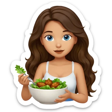 Girl with olive skin, blue eyes, brown dark insanely wavy long hair, white camisole eating a bowl of lettuce and chicken sticker