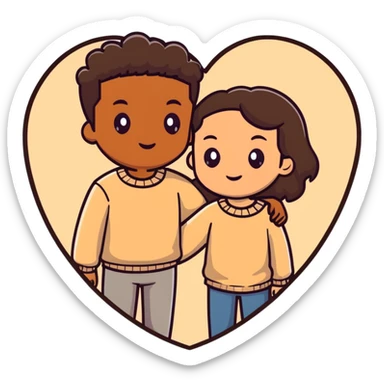 A couple with dark brown hair and mixed skin tone inside a white heart, wearing beige clothes sticker