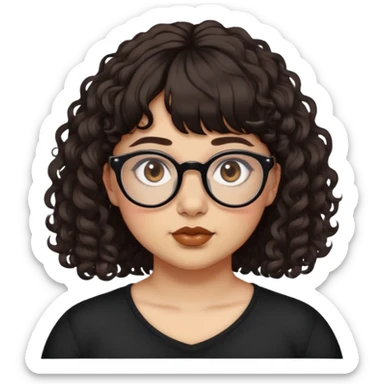 Light tan skin, woman/non-binary, slightly chubby, septum piercing, deep brown eyes, curly very dark brown neck length hair with bangs. Glasses. Alternative.  sticker