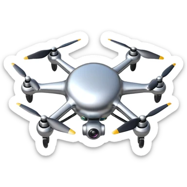 A futuristic drone emoji made of polished silver chrome, smooth rounded body, minimal propellers, reflective metallic surface, soft studio lighting, iOS emoji style, centered, clean white background sticker