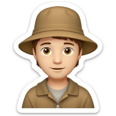 A light-skinned man with short brown hair, golden-brown eyes, and a soft smile, wearing a wide-brimmed brown bucket hat. sticker