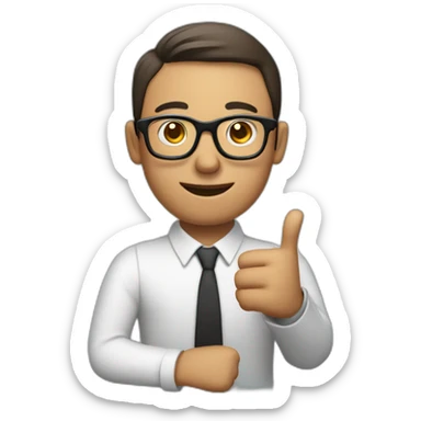 man wearing glasses and holding a computer in his right hand and signaling OK with his left hand sticker